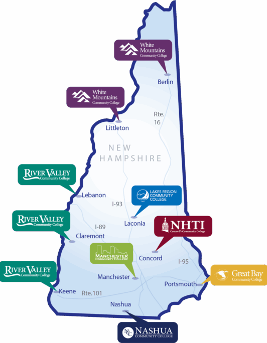 Map of New Hampshire highlighting 7 CCSNH college locations: Concord, Laconia, Manchester, Nashua, Claremont, Berlin, and Stratham.